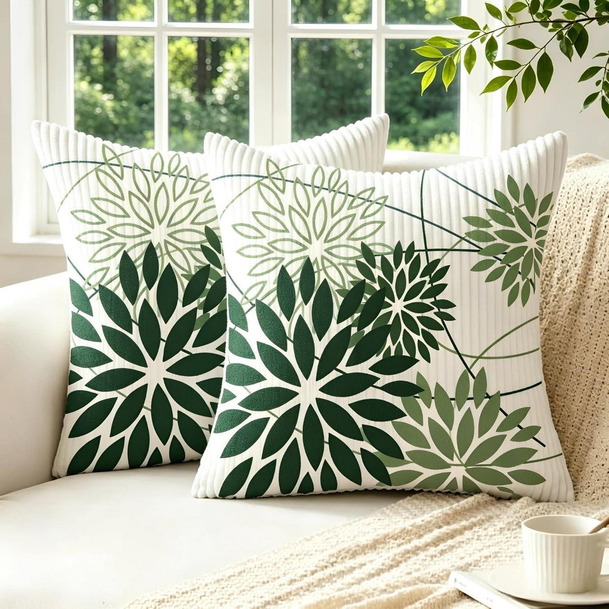 2er Set Kordsamt Kissenbezüge Salbeigrün Blumen 45x45 cm