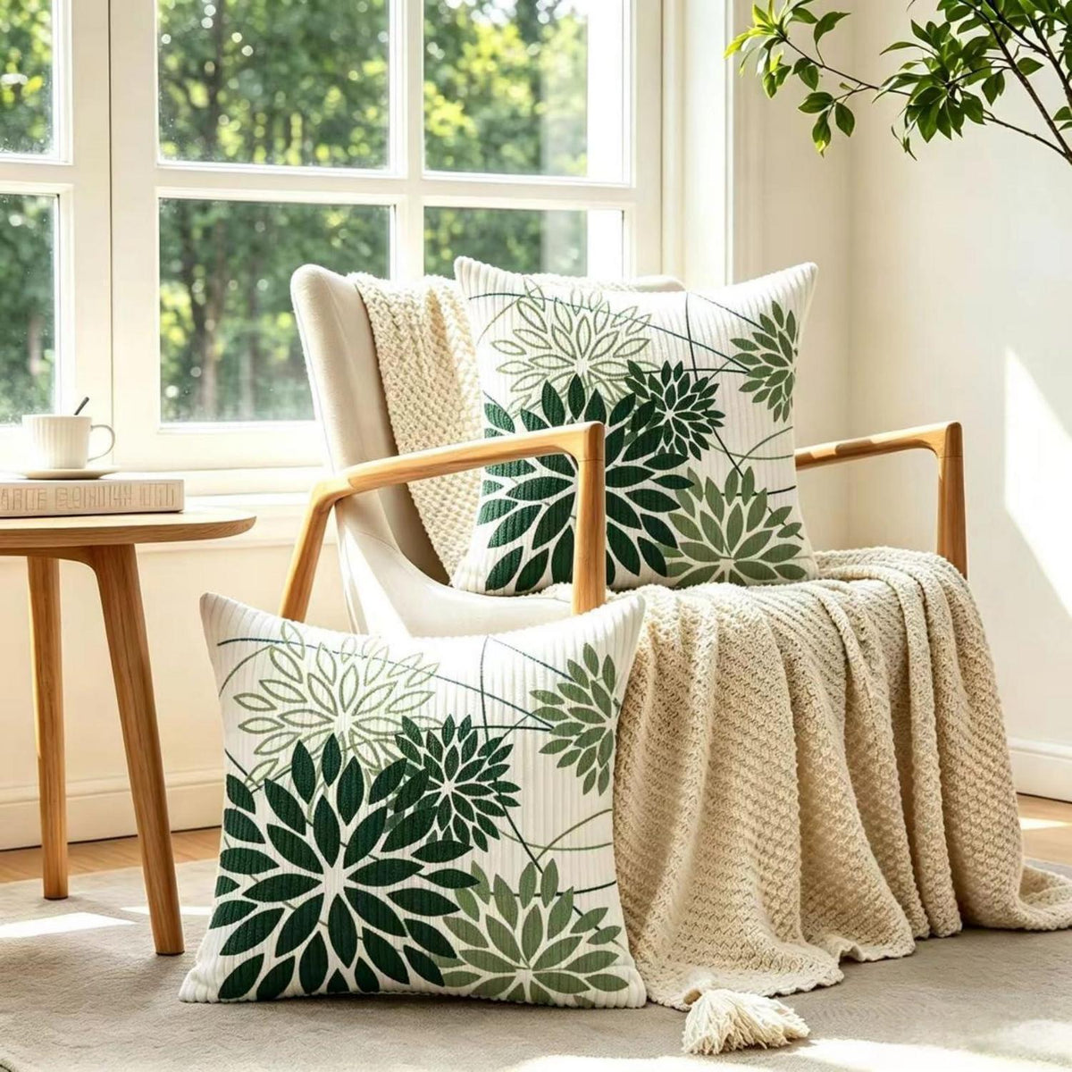 2er Set Kordsamt Kissenbezüge Salbeigrün Blumen 45x45 cm