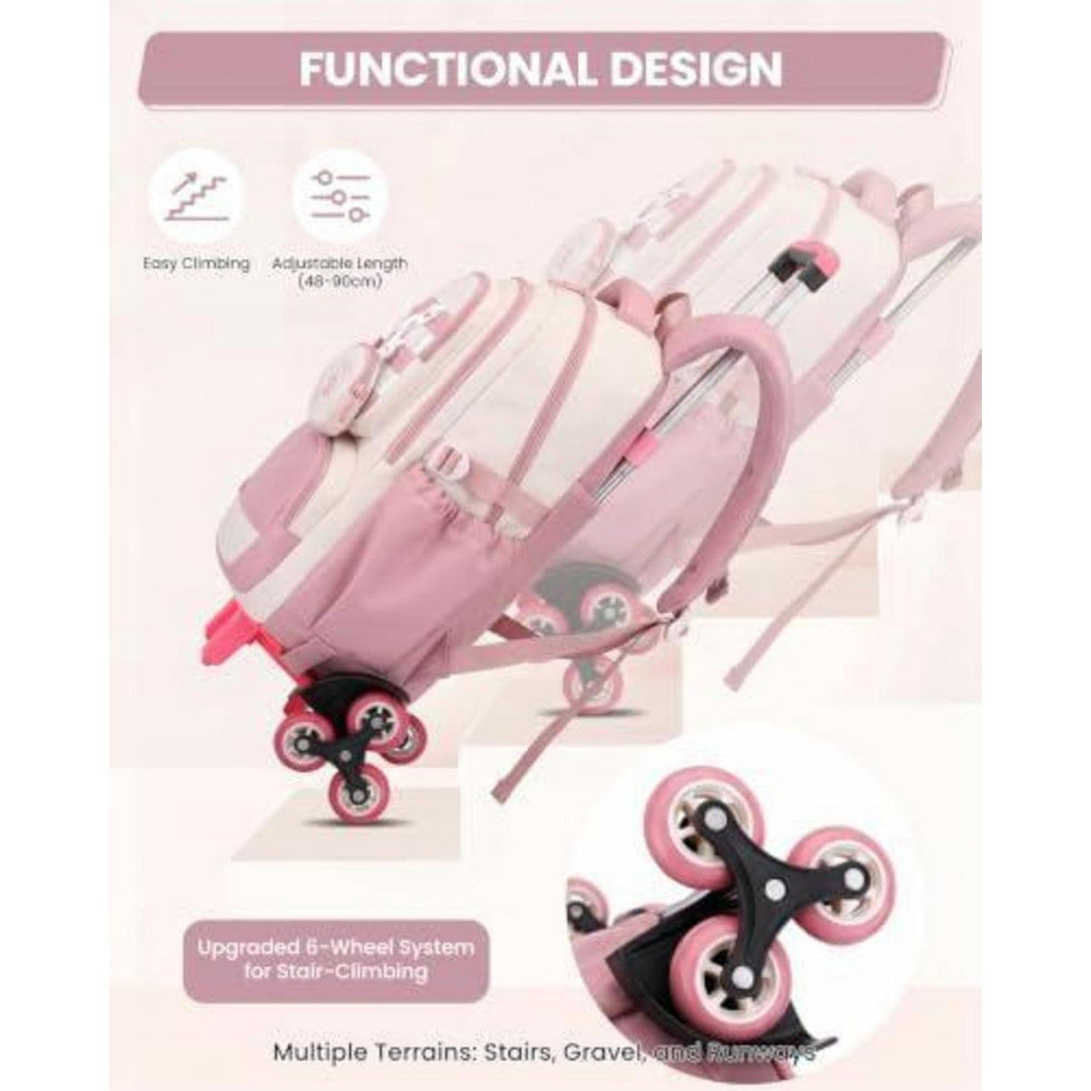 Schultrolley Rucksack Mädchen 3-9 Klasse, Rosa, Abnehmbar & 6 Räder