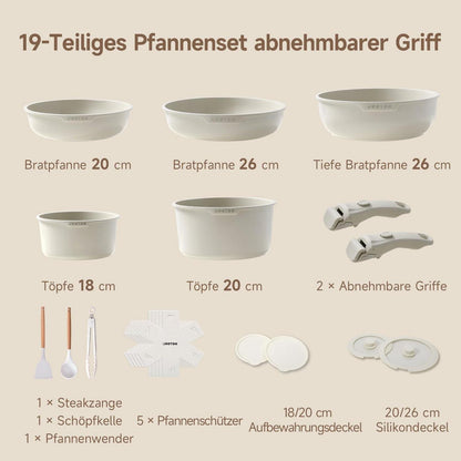 19-tlg. Antihaft-Topfset mit abnehmbaren Griffen – Taupe