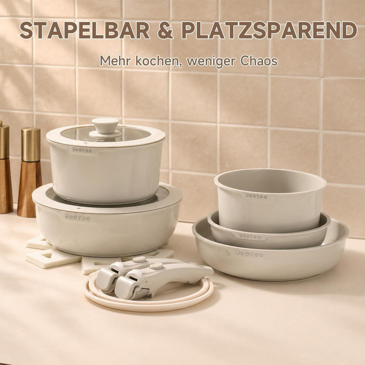 19-tlg. Antihaft-Topfset mit abnehmbaren Griffen – Taupe