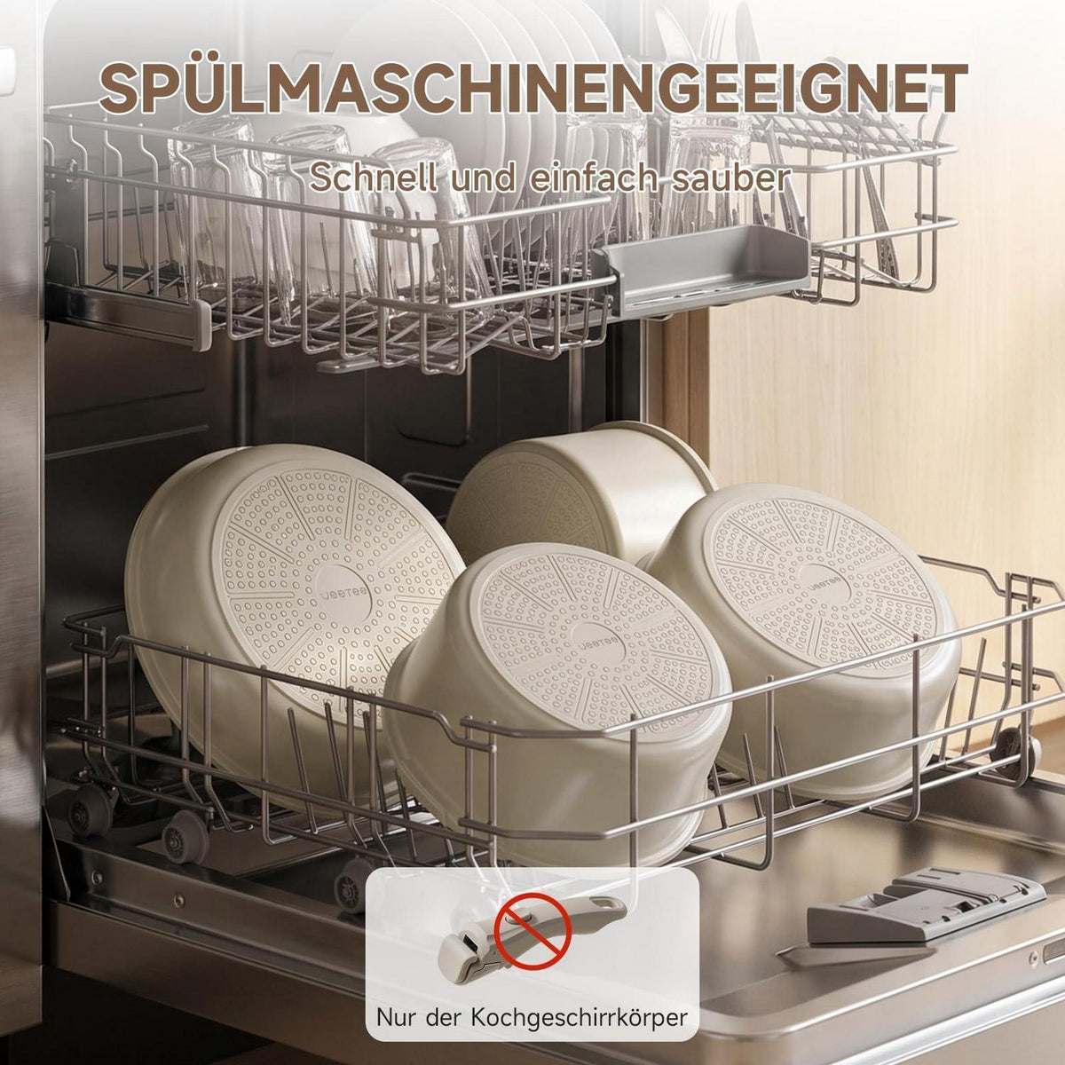 19-tlg. Antihaft-Topfset mit abnehmbaren Griffen – Taupe