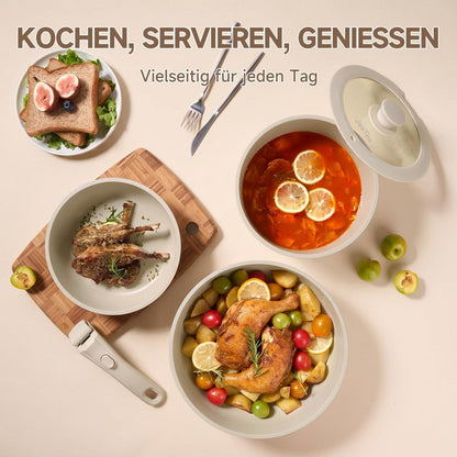 19-tlg. Antihaft-Topfset mit abnehmbaren Griffen – Taupe