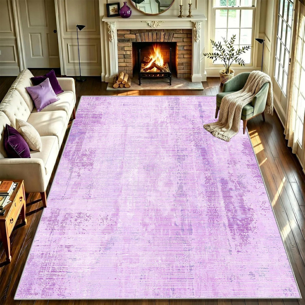 Vintage Teppich Lila 160x230cm – Weicher Kurzflor Teppich Wohnzimmer