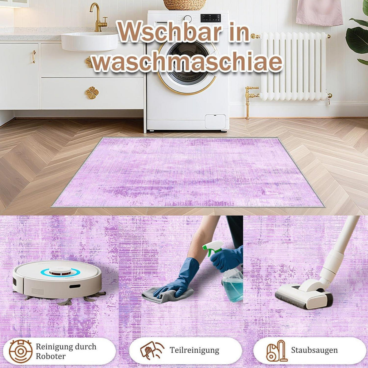 Vintage Teppich Lila 140x200cm – Weicher Kurzflor Wohnzimmerteppich