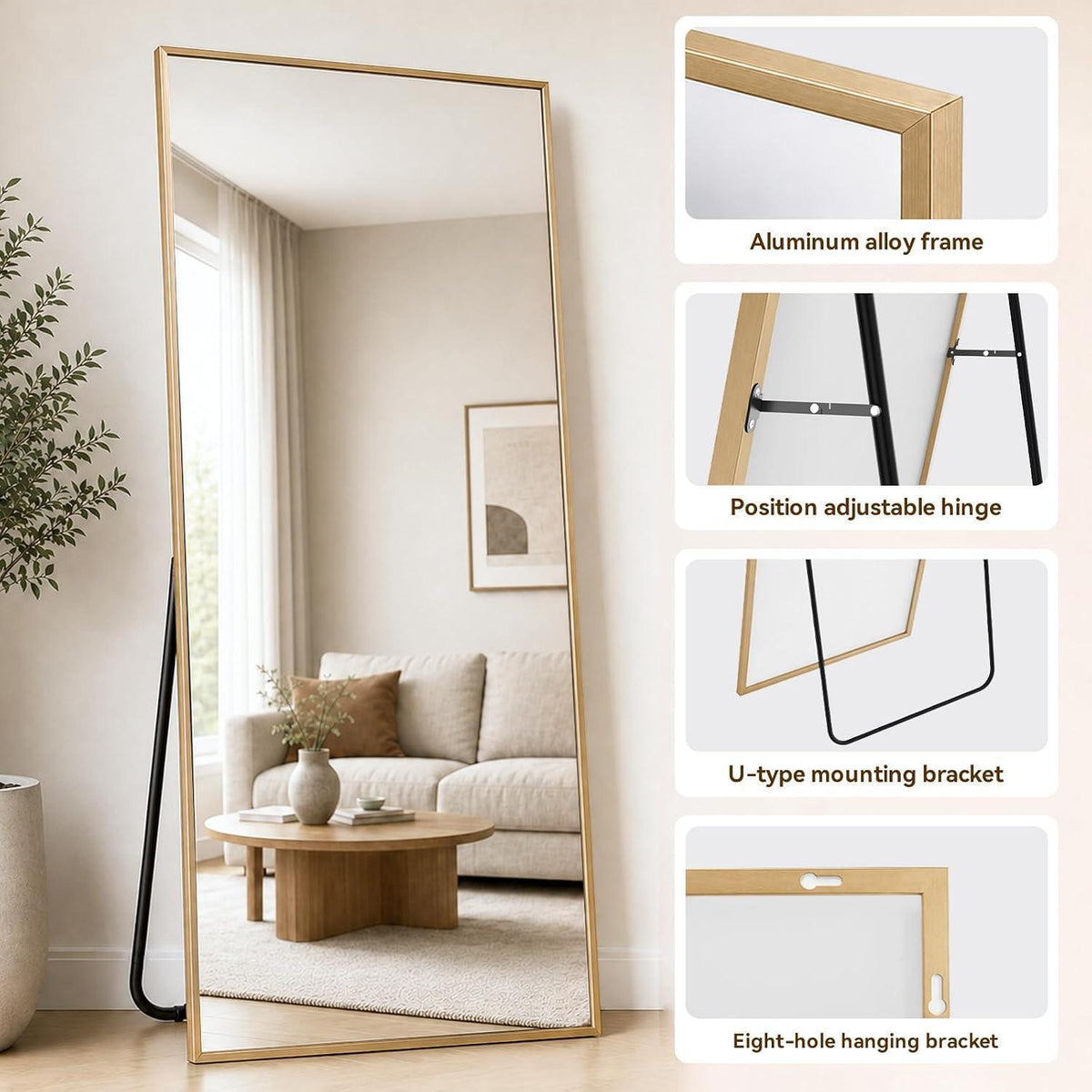 Ganzkörperspiegel 180x75cm – Stand- & Wandspiegel Goldfarben