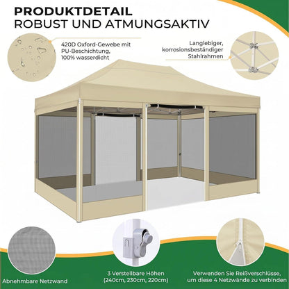 Faltpavillon 3x4,5 Wasserdicht mit Seitenwänden & Moskitonetz