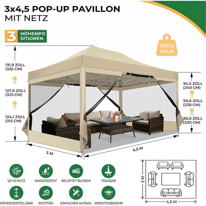 Faltpavillon 3x4,5 Wasserdicht mit Seitenwänden & Moskitonetz
