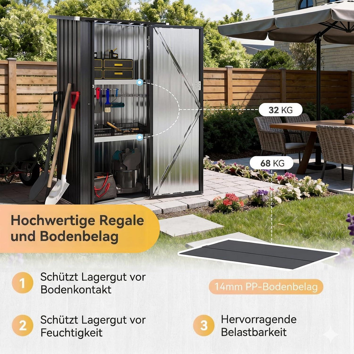 Metall Gerätehaus mit Regalböden – 88x54x164cm