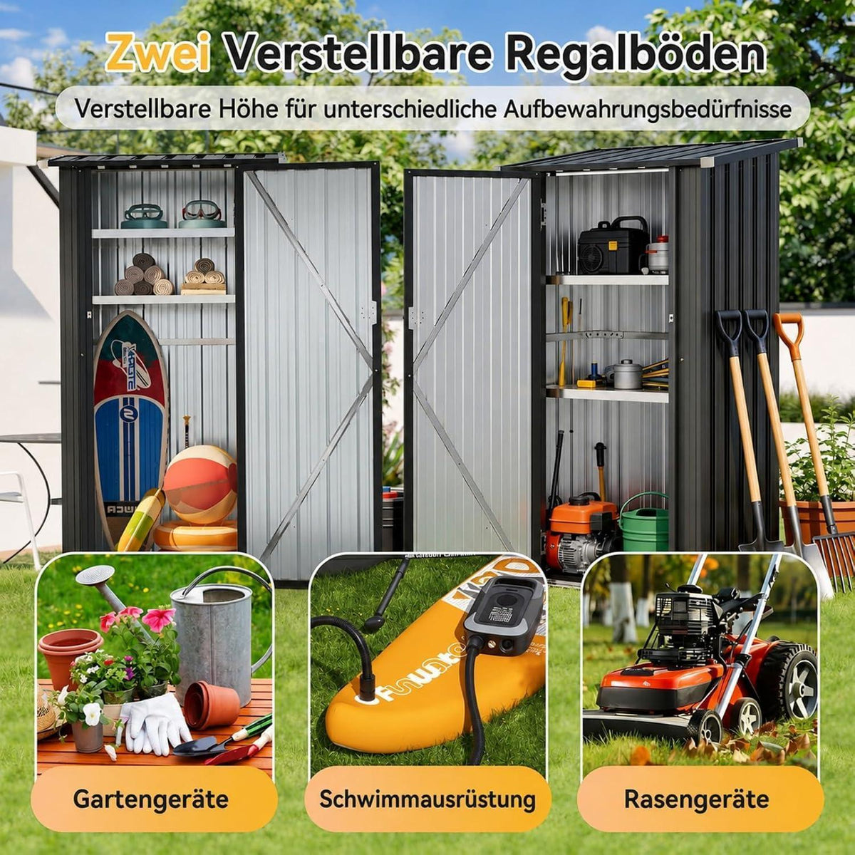 Kompaktes Gerätehaus mit 2 Regalböden – 3x2 ft, Schwarz
