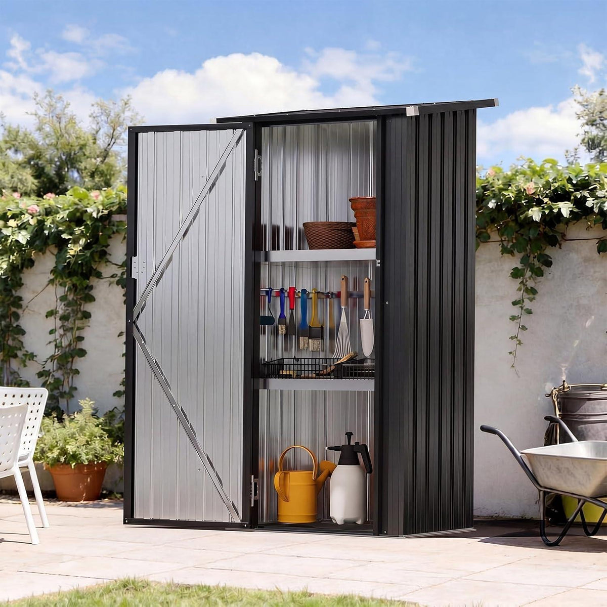 Kompaktes Gerätehaus mit 2 Regalböden – 3x2 ft, Schwarz