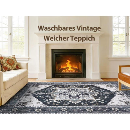 Vintage Teppich Schwarz 200x280cm – Waschbar & Rutschfest