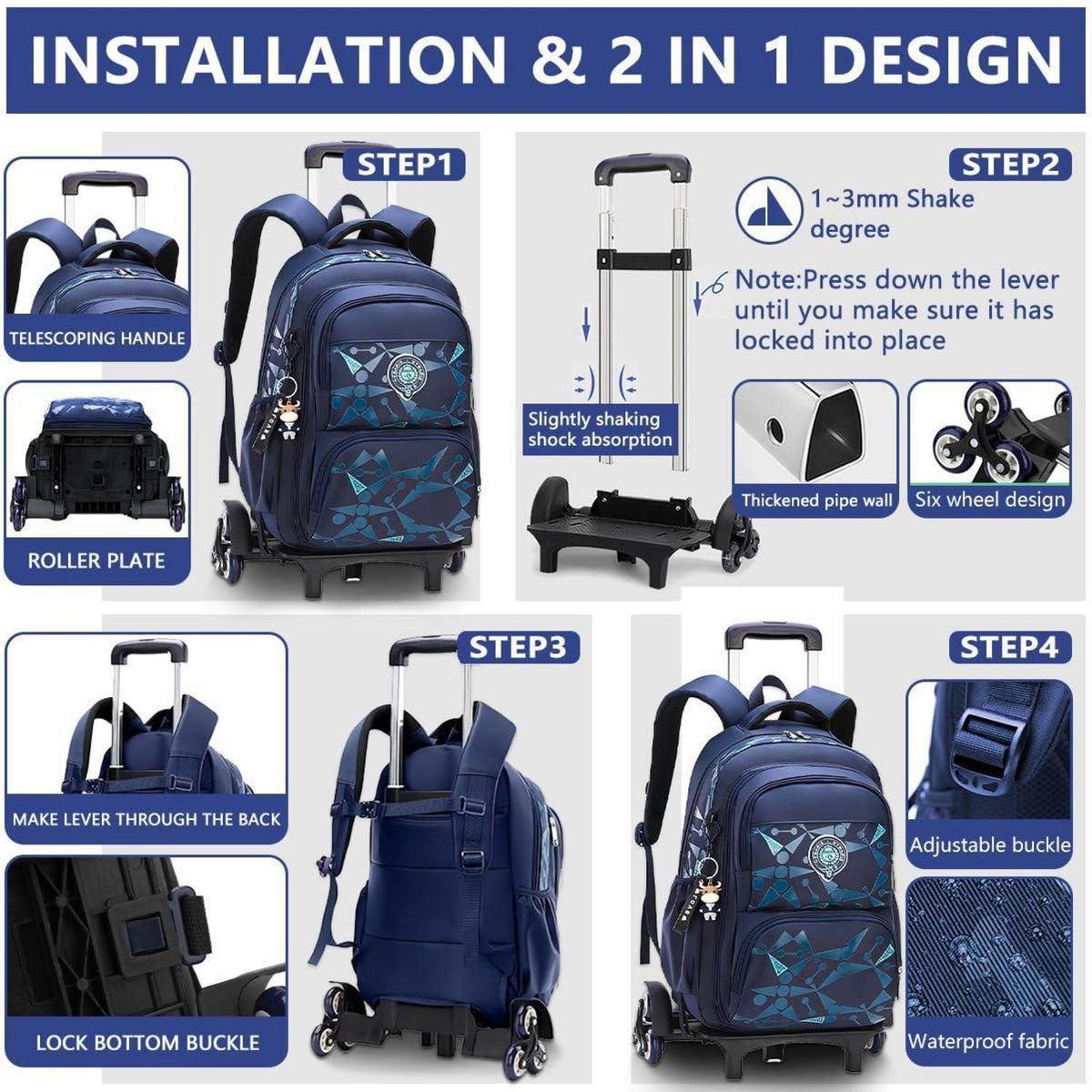 Rucksack mit Rollen für Kinder – Schultasche mit Trolley, Schwarz