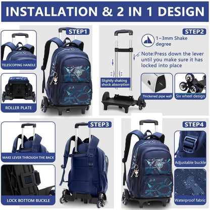 Rucksack mit Rollen für Kinder – Schultasche mit Trolley, Schwarz