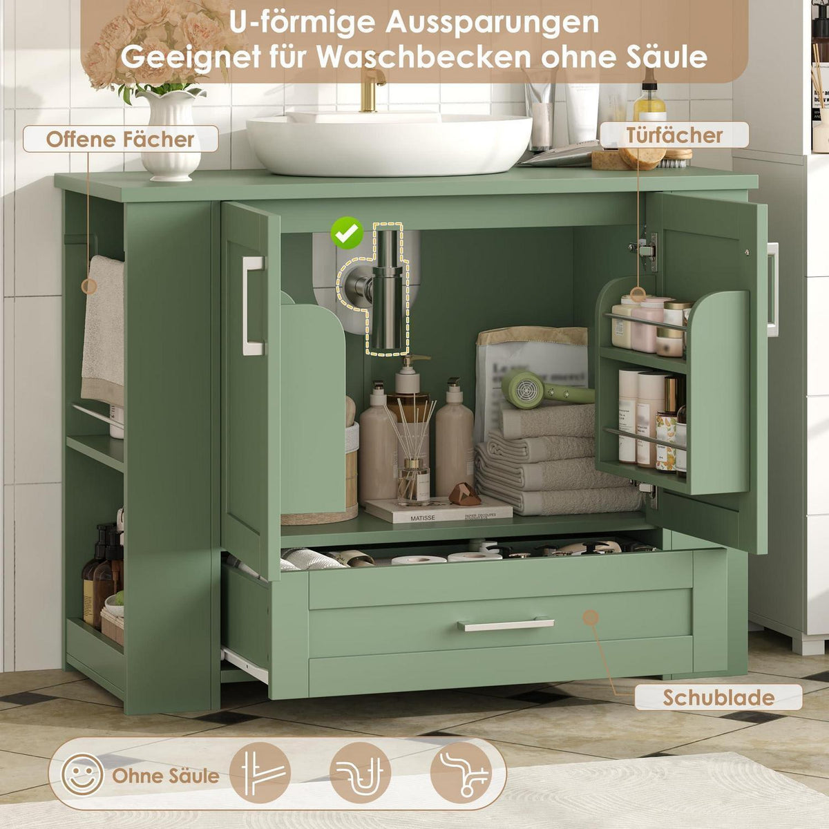 Waschbeckenunterschrank Grün mit Soft-Close Türen