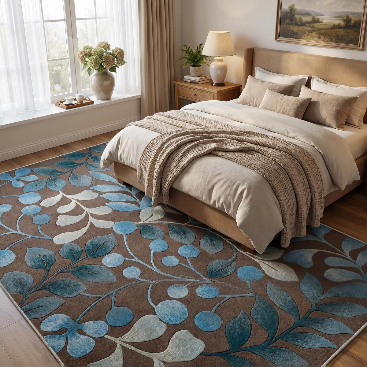 Waschbarer Kurzflor Teppich Braun-Blau 180x250 cm – Rutschhemmend & Weich