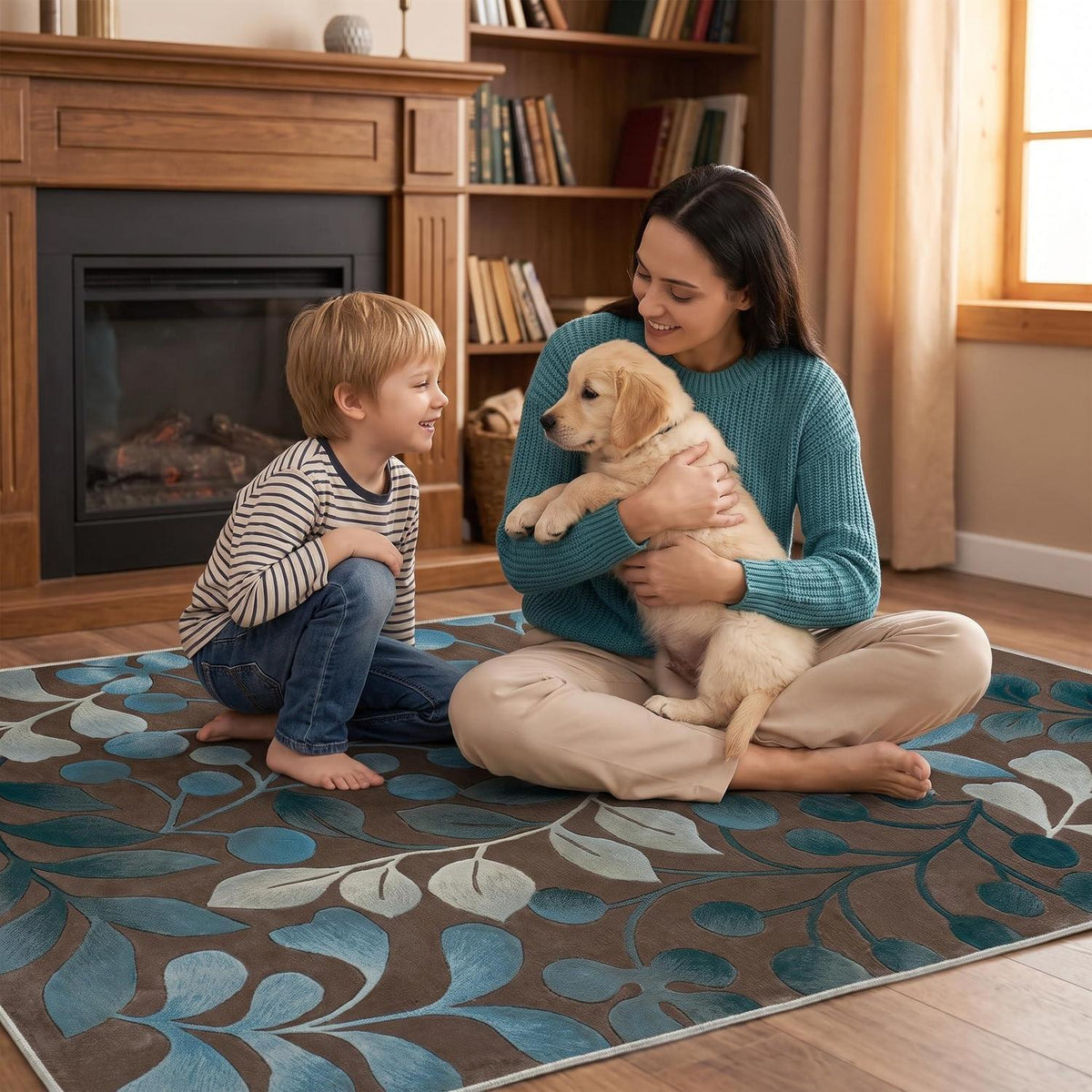 Waschbarer Kurzflor Teppich Braun-Blau 200x300 cm – Rutschhemmend & Weich