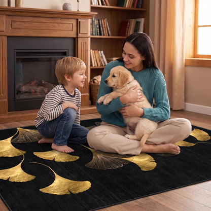 Waschbarer Teppich Schwarz-Gold 200x300 cm – Ginkgo Kurzflor Wohnteppich