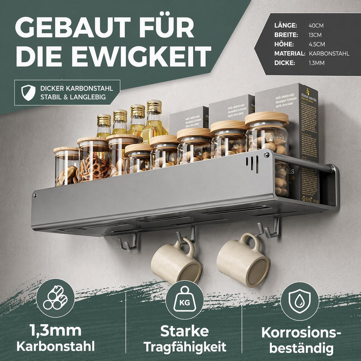 Hängendes Gewürzregal Anthrazitgold mit 6 Haken