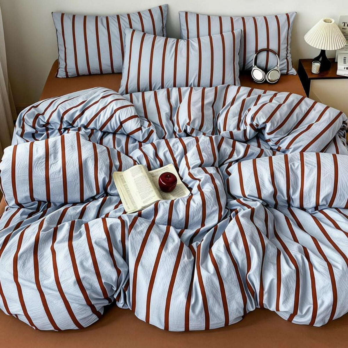Bettwäsche Set Blau Braun Gestreift 155x220 + 80x80 cm