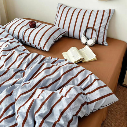 Bettwäsche Set Blau Braun Gestreift 155x220 + 80x80 cm