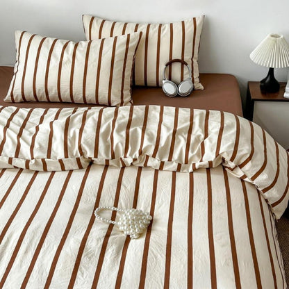 Vintage Bettwäsche-Set 220x240 Beige Braun Gestreift 3-teilig