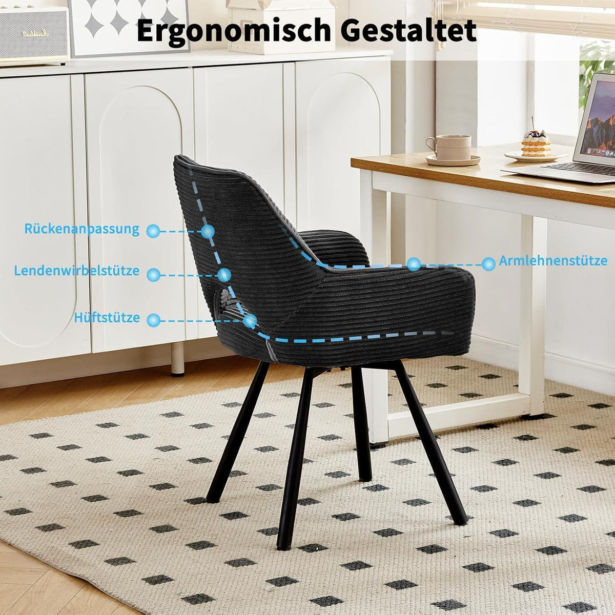 360° Drehbarer Esszimmerstuhl mit Armlehnen, Schwarz