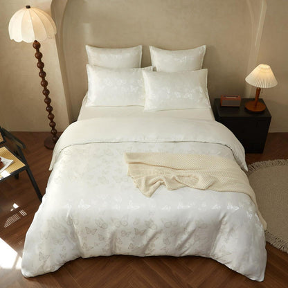 Satin Bettwäsche Set 135x200 Weiß Creme Schmetterling Jacquard