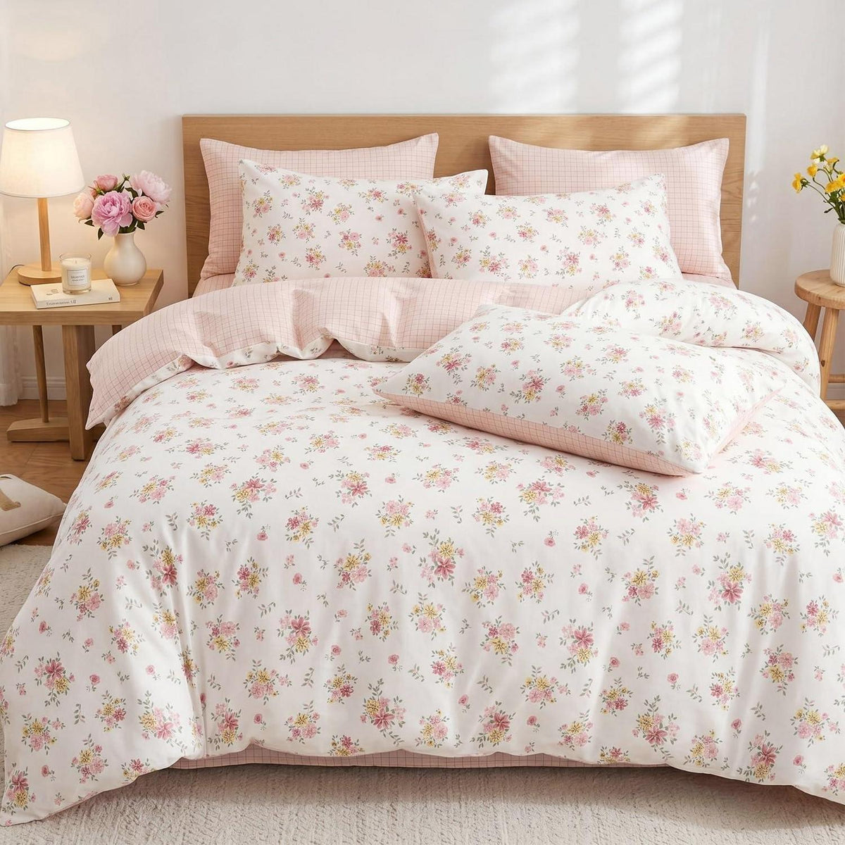 Blumen Bettwäsche Set 220x240 cm, Cremeweiß Rosa Mikrofaser