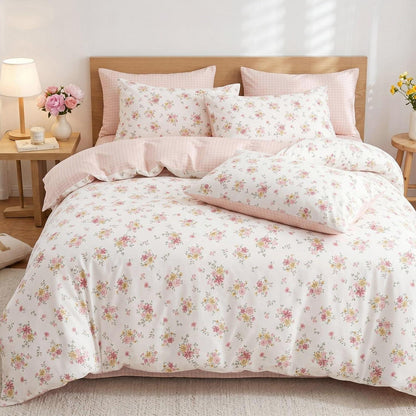 Blumen Bettwäsche Set 220x240 cm, Cremeweiß Rosa Mikrofaser