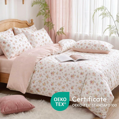 Blumen Bettwäsche Set 220x240 cm, Cremeweiß Rosa Mikrofaser
