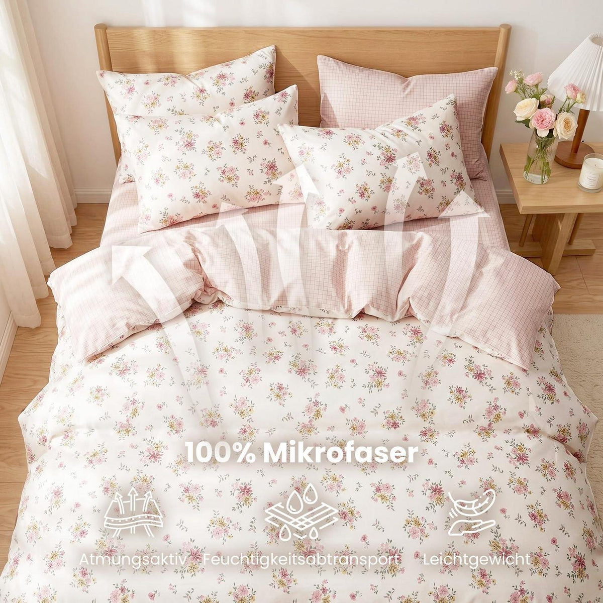Blumen Bettwäsche Set 220x240 cm, Cremeweiß Rosa Mikrofaser