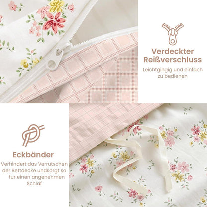Blumen Bettwäsche Set 220x240 cm, Cremeweiß Rosa Mikrofaser