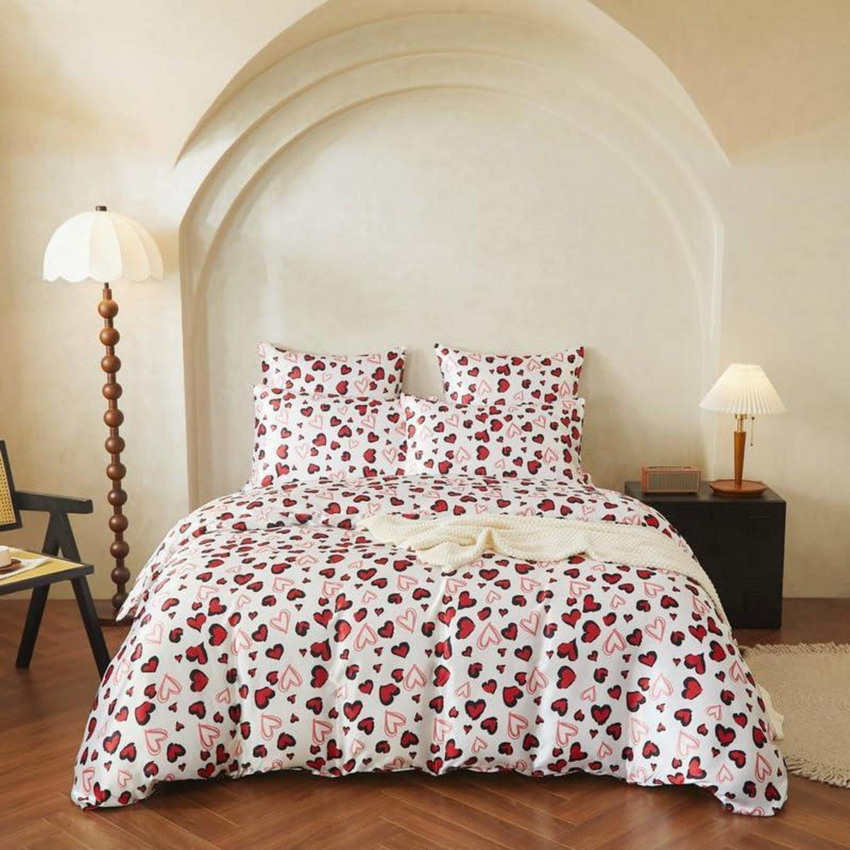 Satin Bettwäsche Set 135x200 Rot Schwarz Herzen