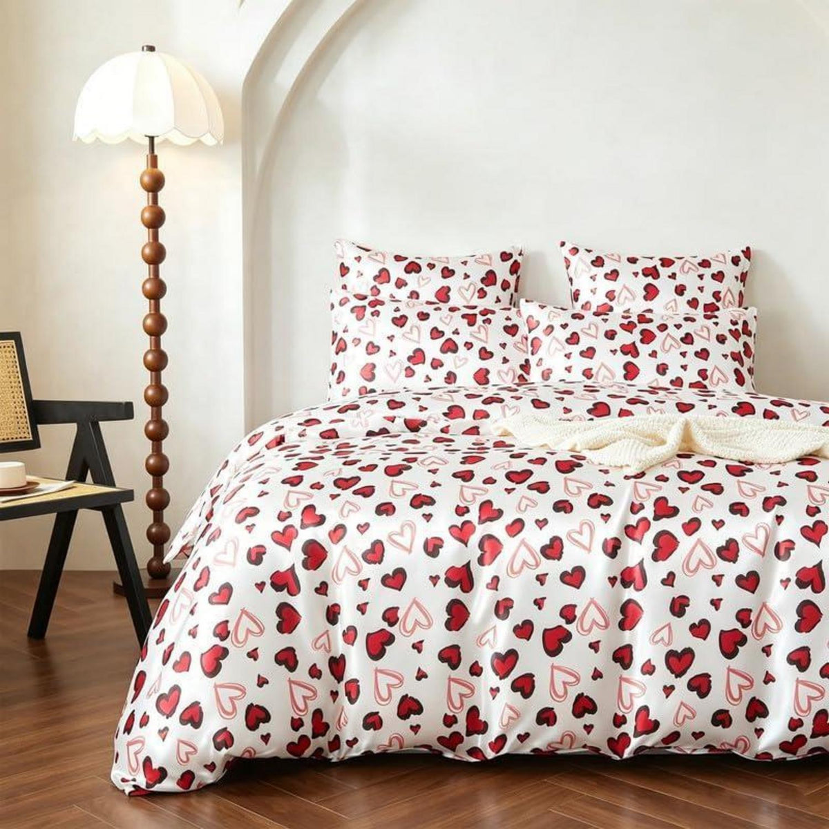 Satin Bettwäsche Set 220x240 Rot Schwarz Herzen
