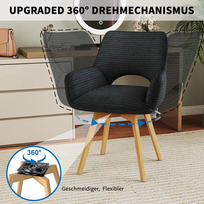 360° Drehbarer Esszimmerstuhl mit Armlehnen & Holzbeinen Schwarz