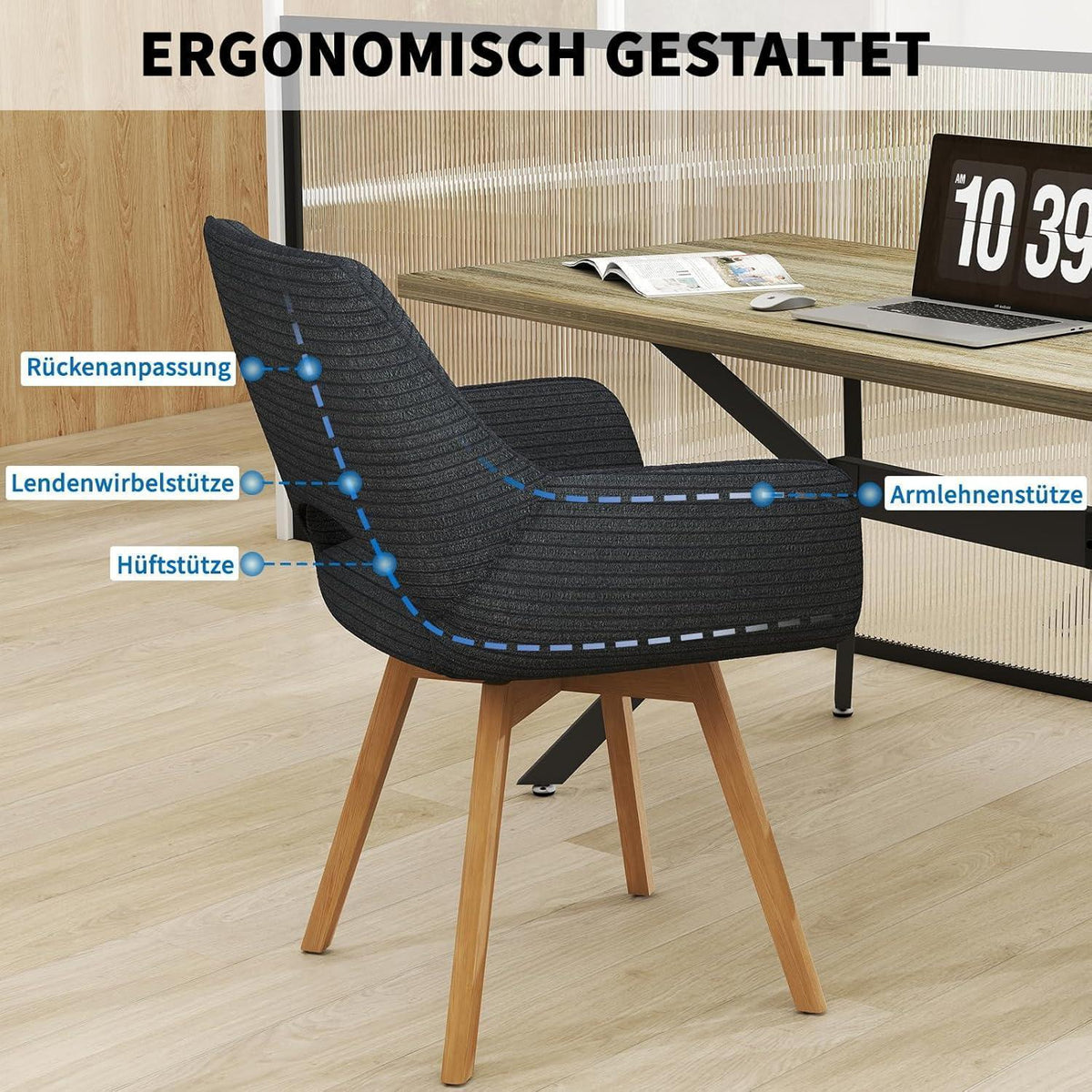 360° Drehbarer Esszimmerstuhl mit Armlehnen & Holzbeinen Schwarz