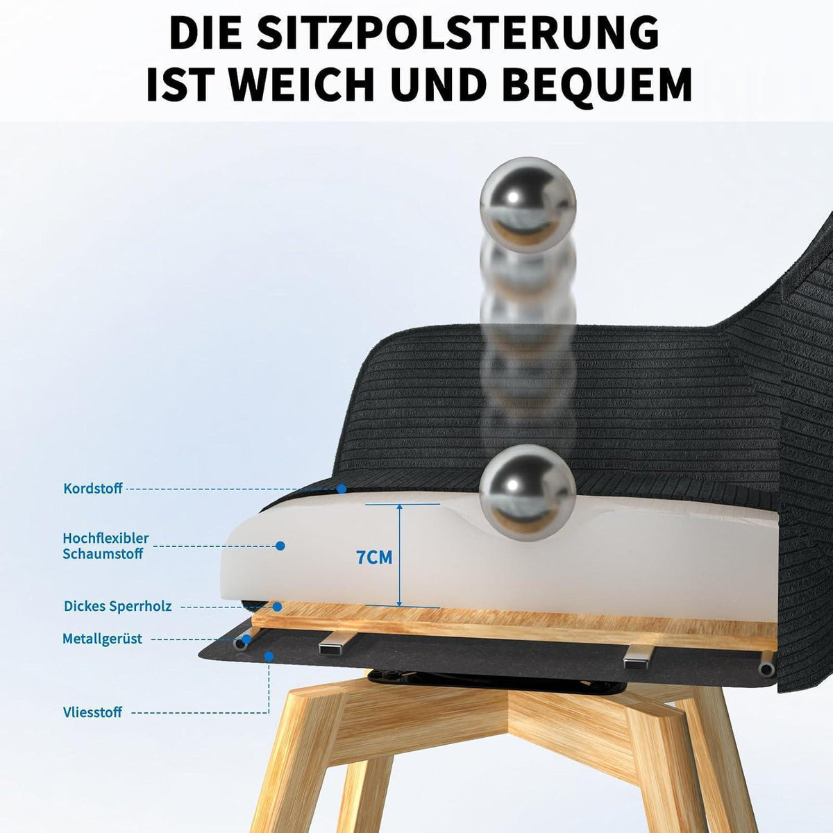 360° Drehbarer Esszimmerstuhl mit Armlehnen & Holzbeinen Schwarz
