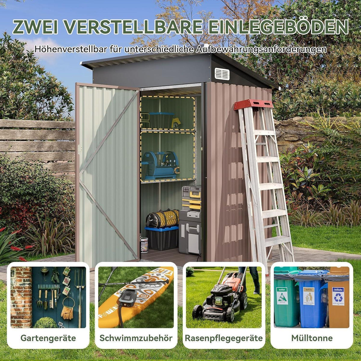 Metall Gerätehaus mit Boden & 2 Einlegeböden (90x150cm)