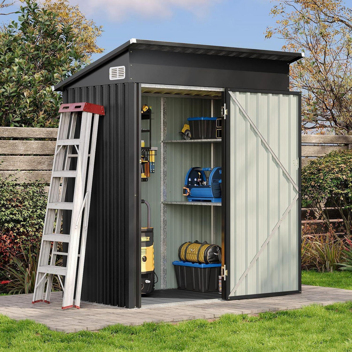 Metall Gerätehaus mit Boden & 2 Einlegeböden (90x150cm)