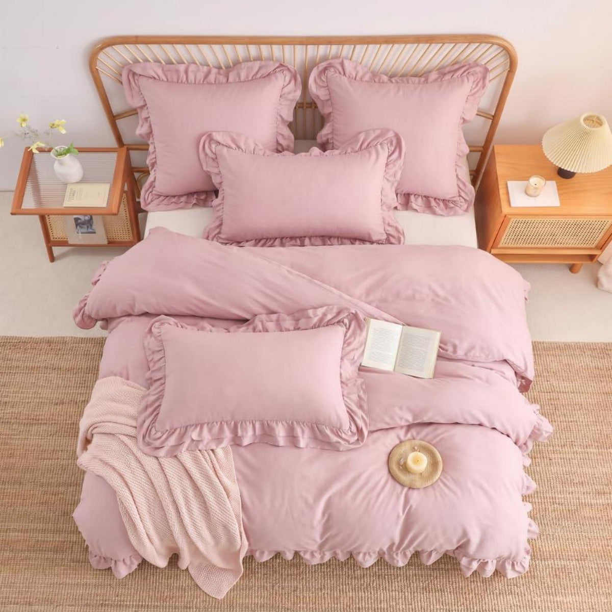 Rüschen Bettwäsche Set Rosa 200x220 + 2x 80x80cm