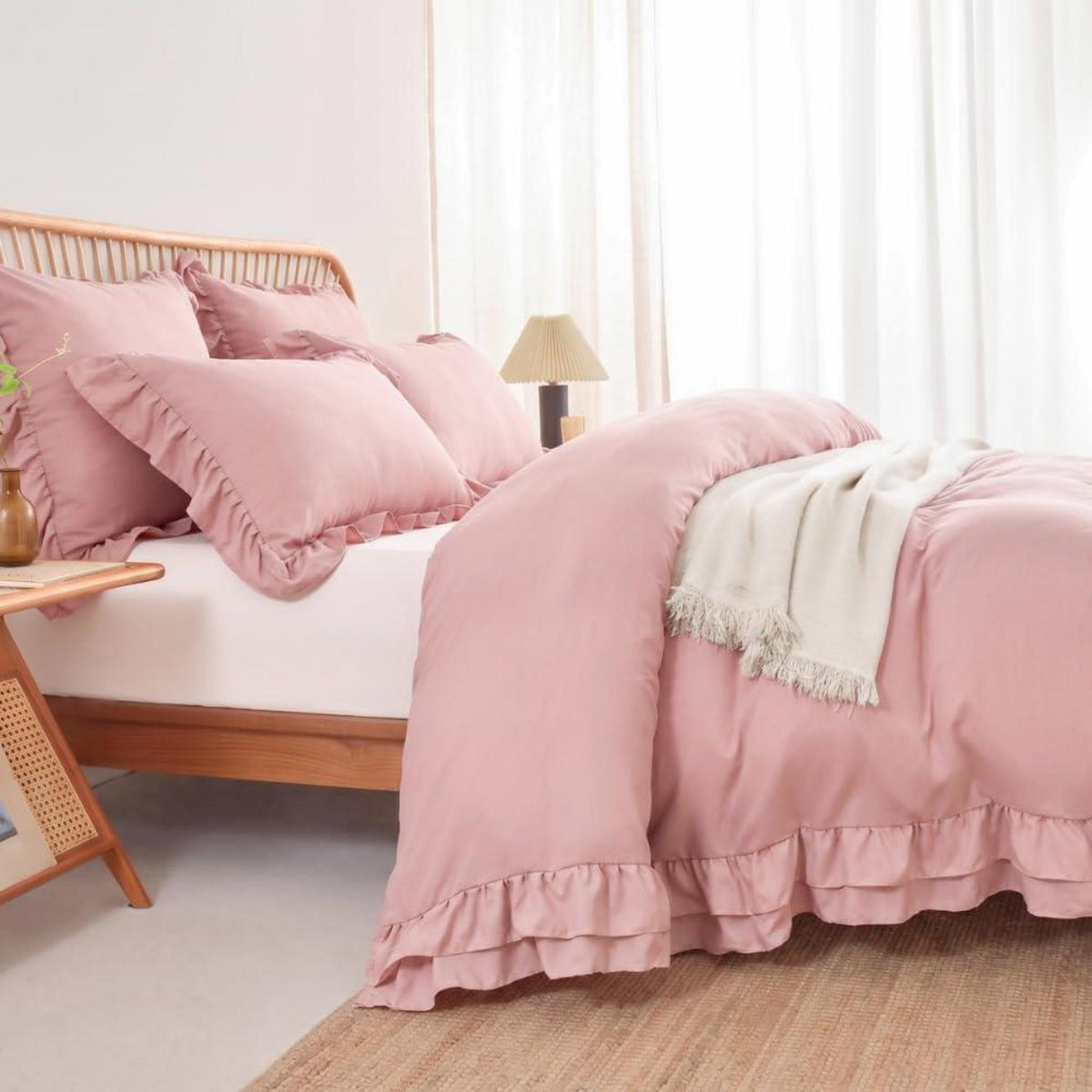 Rüschen Bettwäsche Set Rosa 200x220 + 2x 80x80cm