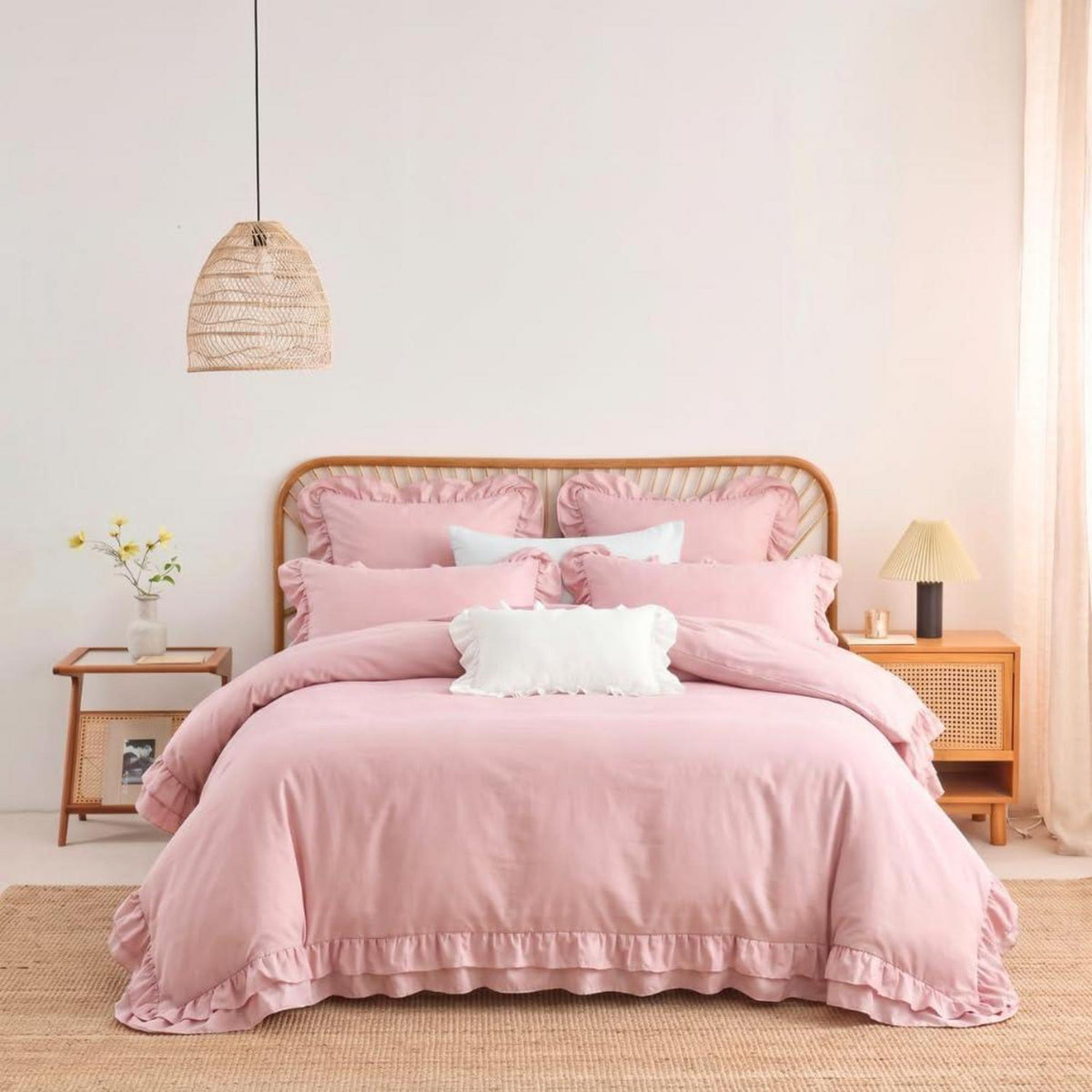 Rüschen Bettwäsche Set Rosa 200x200 + 2x 80x80cm