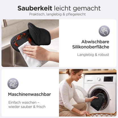 Mini Ofenhandschuhe Silikon mit Baumwollfutter, Hitzeschutz 2er Set Schwarz