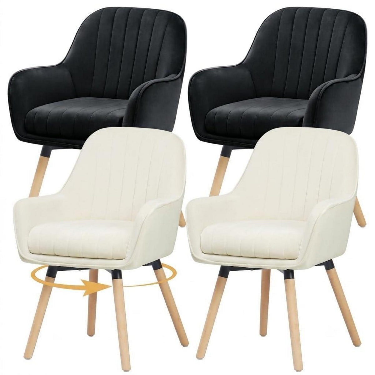 Drehbarer Samt Esszimmerstuhl Set 4er – Schwarz & Cremeweiß