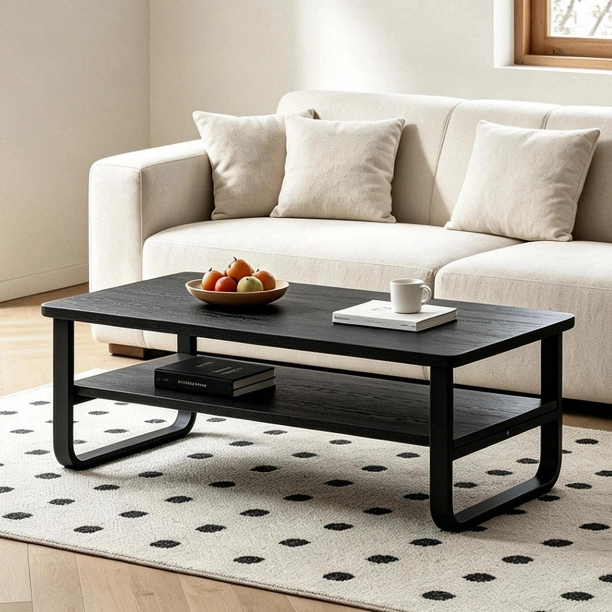 Holz Couchtisch mit 2 Ebenen & Metallbeinen – Beistelltisch Schwarz