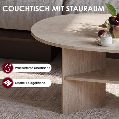Moderner Couchtisch oval mit Ablage – Travertin-Farbe