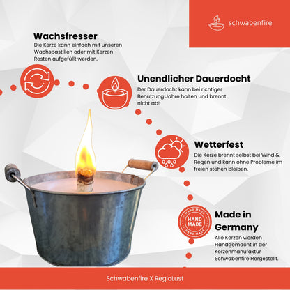 Schwabenfire Große Outdoorkerze mit Dauerdocht in Zink-Schale mit Henkel 20cm